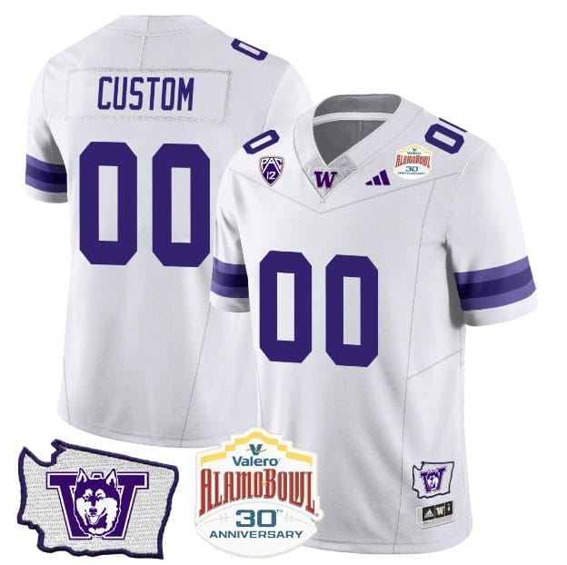 Custom Washington Huskies Jersey Name and Number Alamo Bowl Patch Football White