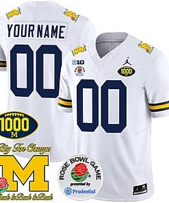 Custom Michigan Wolverines Jersey Name and Number 1000 Wins Rose Bowl Patch White Sleeves