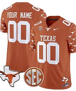 Custom Texas Longhorns Jersey Name and Number State Map and Sec Patch Vapor Limited College Football Stitched Texas Orange