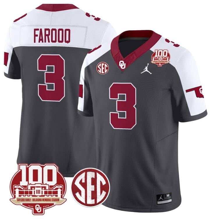 Jalil Farooq Jersey #3 Oklahoma Sooners 100th Anniversary Patch Vapor Limited College Football Stitched Anthracite Alternate