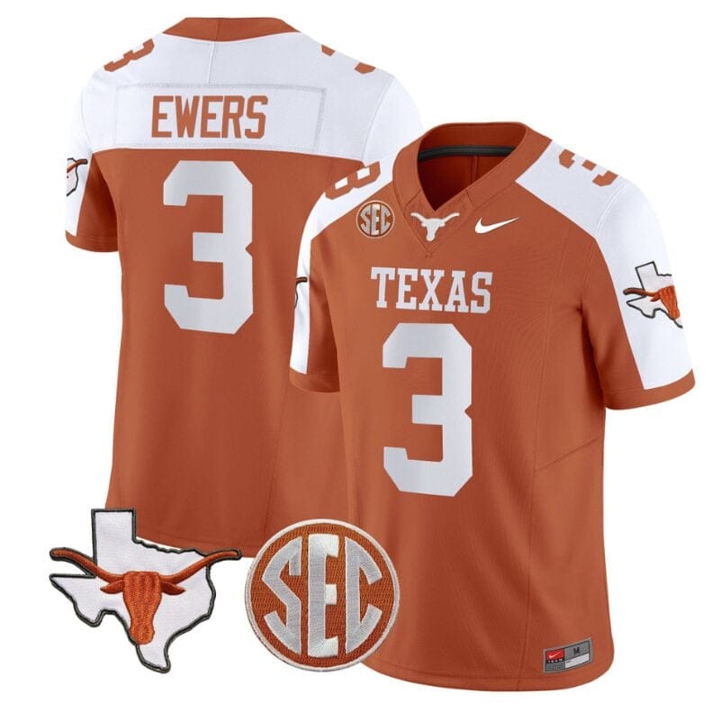 Quinn Ewers Jersey #3 Texas Longhorns State Map and Sec Patch Vapor Limited College Football Stitched Orange Alternate