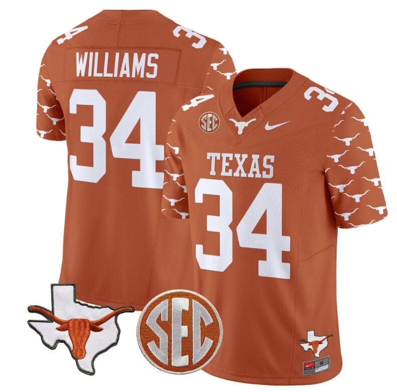 Ricky Williams Jersey #34 Texas Longhorns State Map and Sec Patch Vapor Limited College Football Stitched Texas Orange