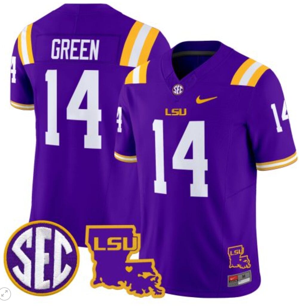TreyDez Green Jersey #14 LSU Tigers 2024 Louisiana Patch Vapor Limited College Football Stitched Purple