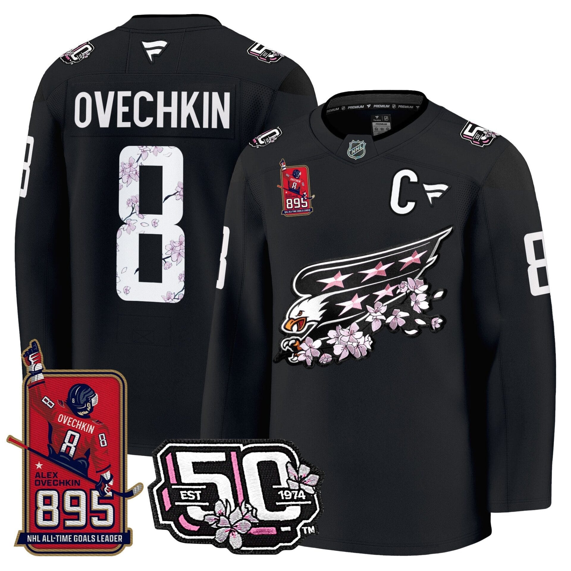 Ovechkin Washington Capitals All-Time Leading Goals Leader Patch Cherry Blossom Premium Jersey - All Stitched - Image 2