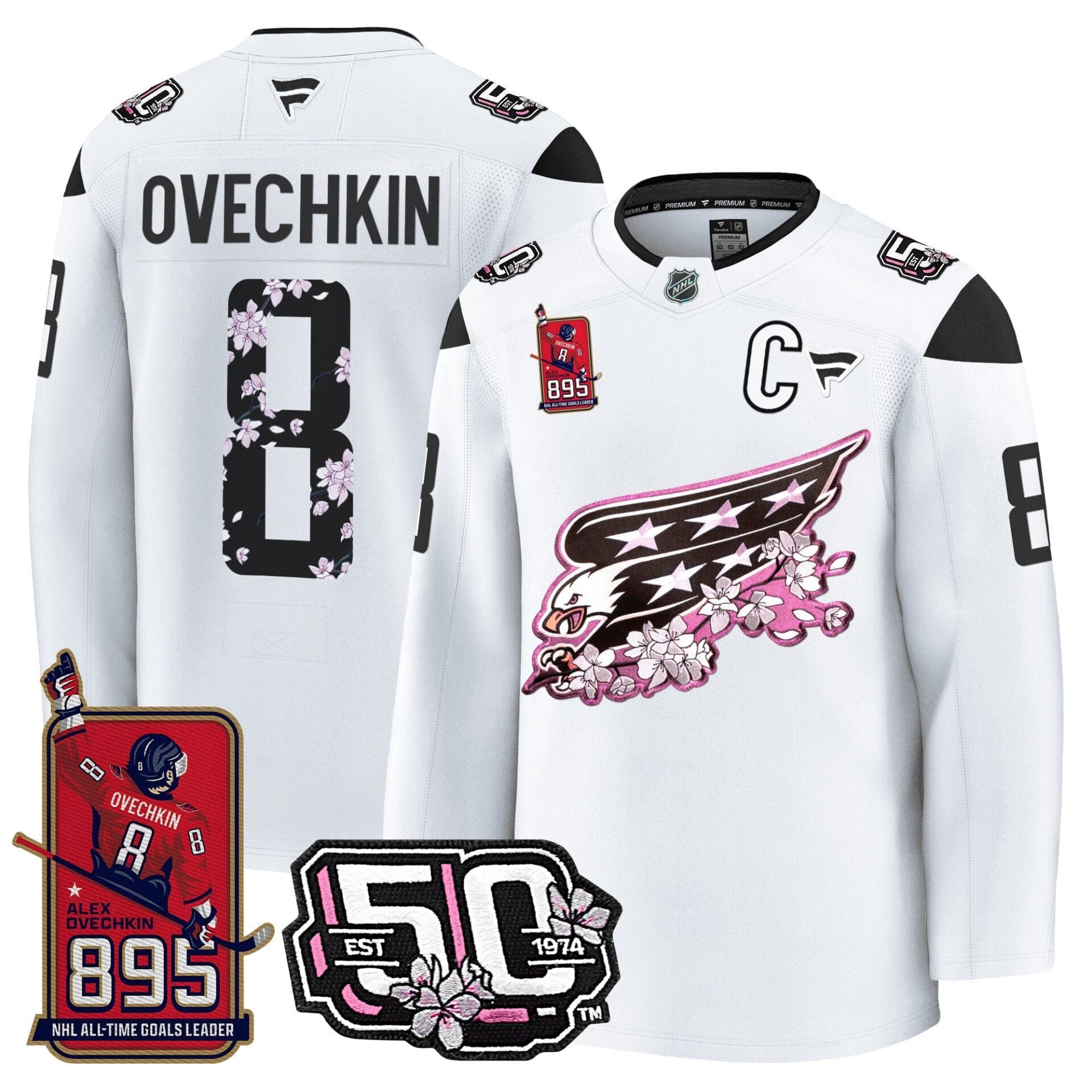 Ovechkin Washington Capitals All-Time Leading Goals Leader Patch Cherry Blossom Premium Jersey - All Stitched - Image 5