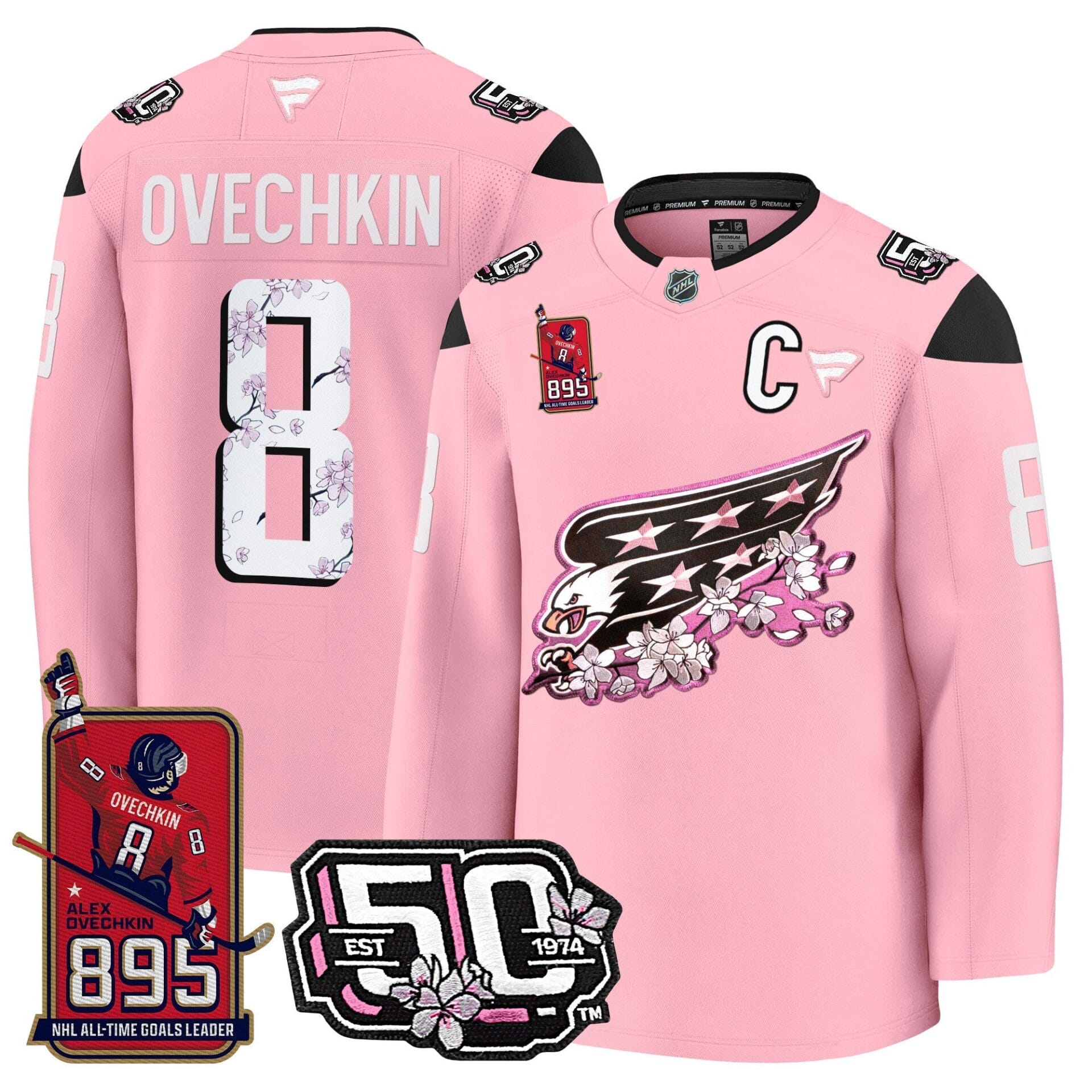 Ovechkin Washington Capitals All-Time Leading Goals Leader Patch Cherry Blossom Premium Jersey - All Stitched - Image 4