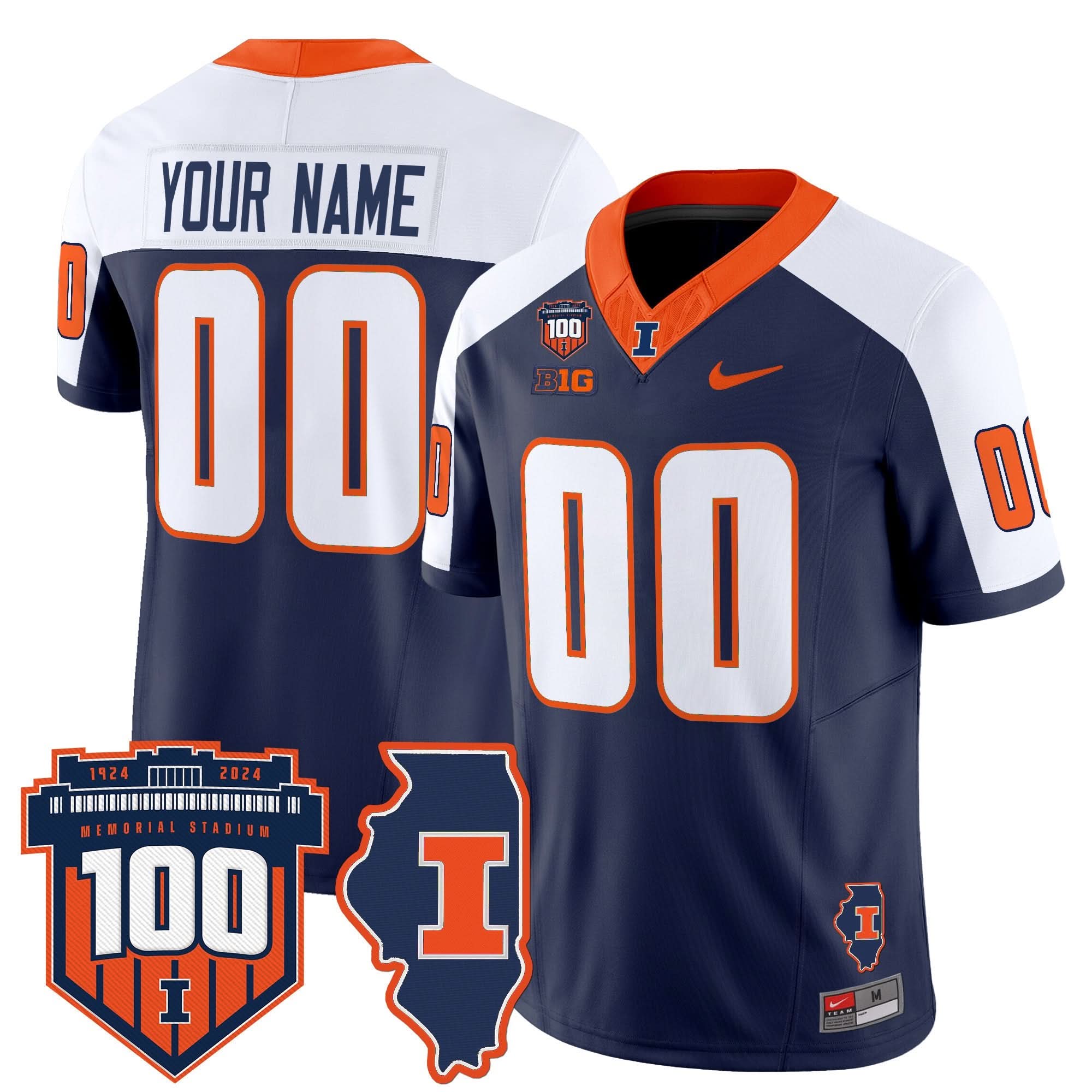 Custom Illinois Fighting Illini Jersey 100th Memorial Stadium Patch Vapor Limited - All Stitched - Image 2