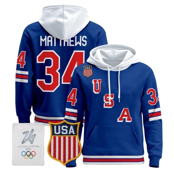 Auston Matthews #34 2026 USA Olympic Premium Hockey Pullover Hoodie Stitched