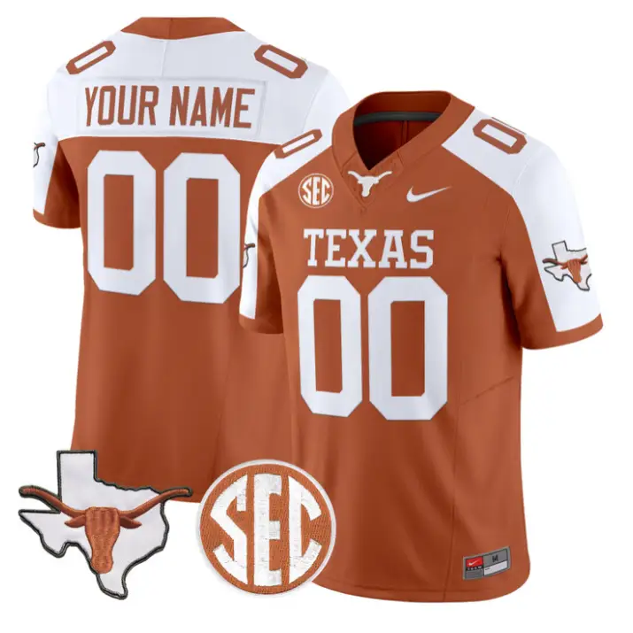 Custom Texas Longhorns Jersey 2026 Map and SEC Patch Stitched by My Store NCAA Football Jerseys