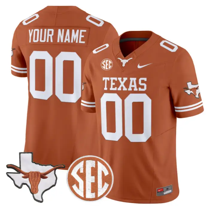 Custom Texas Longhorns Jersey 2026 Map and SEC Patch Stitched by My Store NCAA Football Jerseys