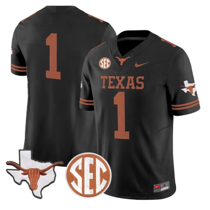 Team Jersey #1 Texas Longhorns 2026 Map and SEC Patch Stitched by My Store NCAA Football Jerseys