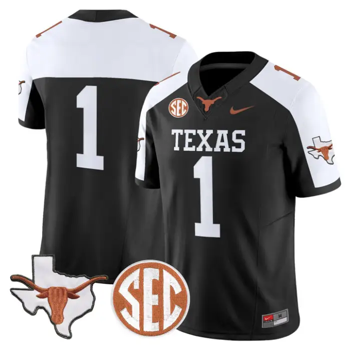 Team Jersey #1 Texas Longhorns 2026 Map and SEC Patch Stitched by My Store NCAA Football Jerseys