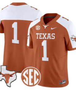 Team Jersey #1 Texas Longhorns 2026 Map and SEC Patch Stitched by My Store NCAA Football Jerseys