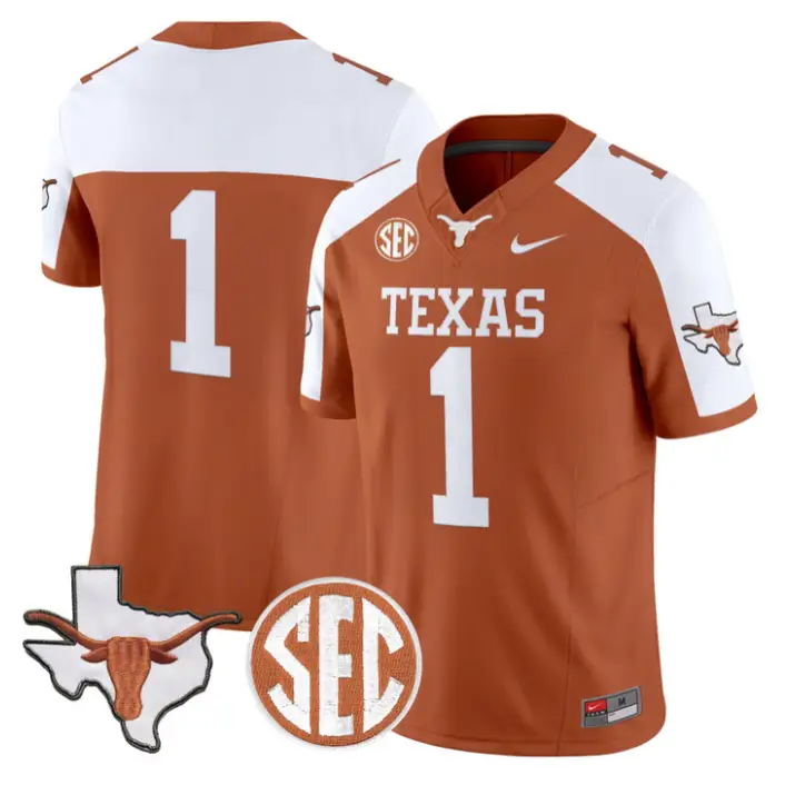 Team Jersey #1 Texas Longhorns 2026 Map and SEC Patch Stitched by My Store NCAA Football Jerseys