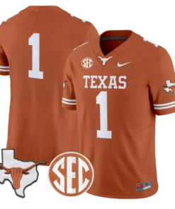 Team Jersey #1 Texas Longhorns 2026 Map and SEC Patch Stitched by My Store NCAA Football Jerseys