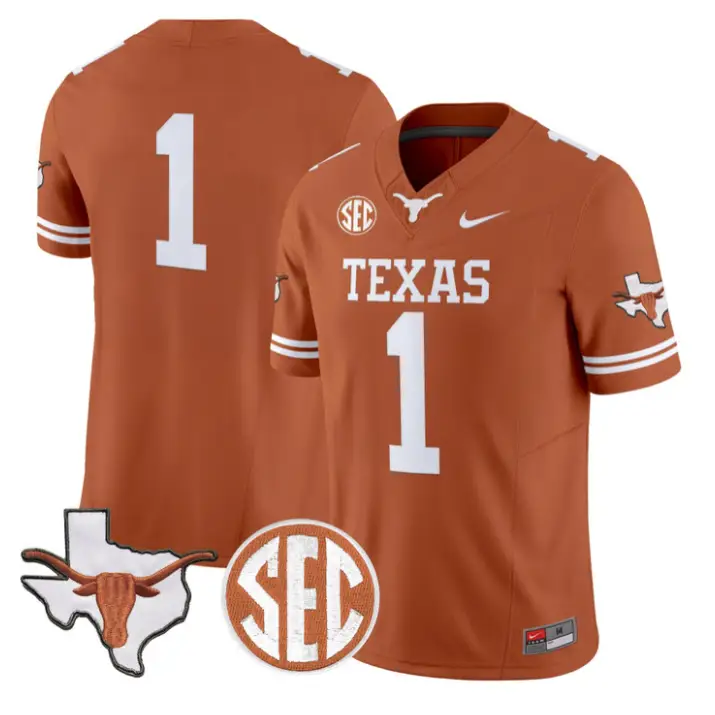Team Jersey #1 Texas Longhorns 2026 Map and SEC Patch Stitched by My Store NCAA Football Jerseys