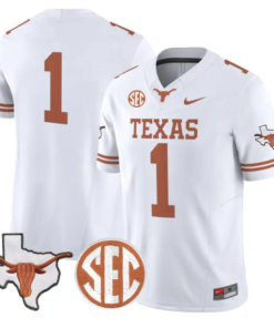 Team Jersey #1 Texas Longhorns 2026 Map and SEC Patch Stitched by My Store NCAA Football Jerseys