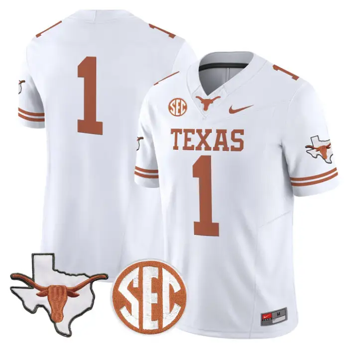 Team Jersey #1 Texas Longhorns 2026 Map and SEC Patch Stitched by My Store NCAA Football Jerseys