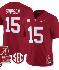 Ty Simpson Jersey #15 Alabama Crimson 2026 SEC Patch Stitched by My Store NCAA Football Jerseys