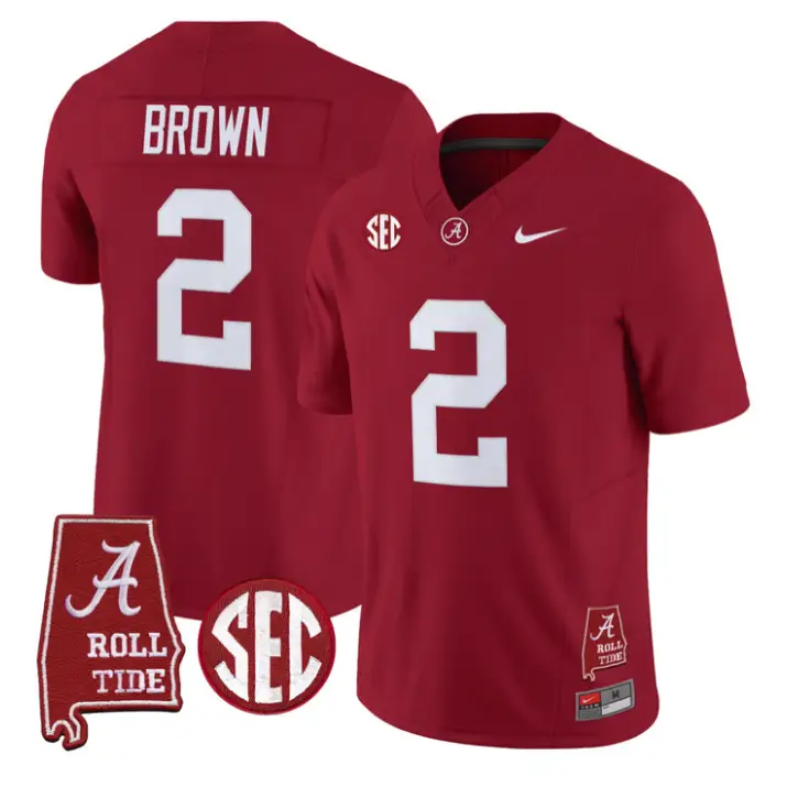 Zabien Brown Jersey #2 Alabama Crimson 2026 SEC Patch Stitched by My Store NCAA Football Jerseys
