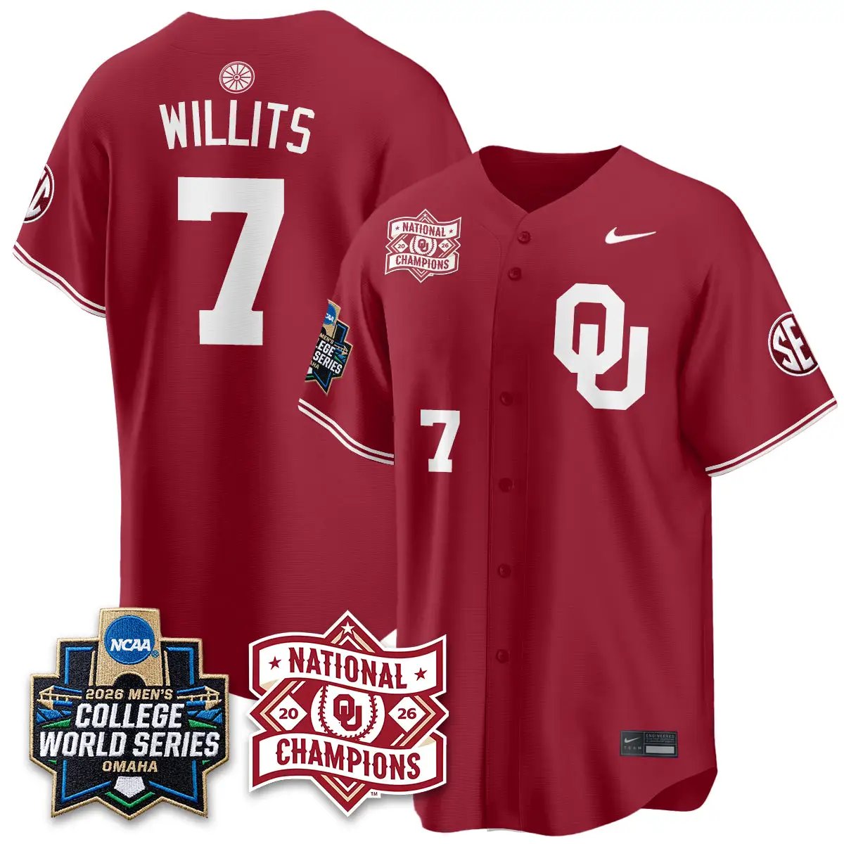 Oklahoma Sooners 2026 NCAA Baseball College World Series Champions Vapor Jersey - Stitched by Oklahoma Sooners