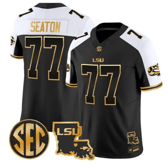 Jordan Seaton #77 LSU Tigers 2026 Louisiana Patch Gold All Stitched by My Store NCAA Football Jerseys