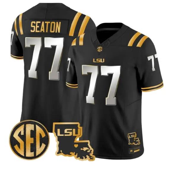 Jordan Seaton #77 LSU Tigers 2026 Louisiana Patch Gold All Stitched by My Store NCAA Football Jerseys