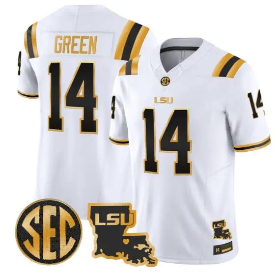 Trey'Dez Green #14 LSU Tigers 2026 Louisiana Patch Gold All Stitched by My Store NCAA Football Jerseys