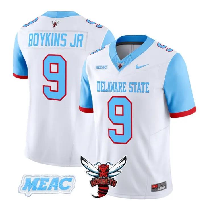 Shaun_Boykins_Jr_Jersey_9_Delaware_State_Hornets_2026_Vapor_Stitched_White - Top Wow Design Shaun Boykins Jr Jersey #9 Delaware State Hornets 2026 Vapor Stitched by My Store NCAA Football Jerseys