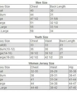 Football jersey size chart with men's, youth and women's measurements