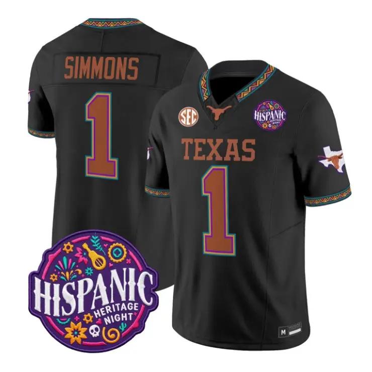 Colin_Simmons_Jersey_1_Texas_Longhorns_2026_Latino_Heritage_Stitched_Black - Top Wow Design Colin Simmons Jersey #1 Texas Longhorns 2026 Latino Heritage Stitched by My Store NCAA Football Jerseys
