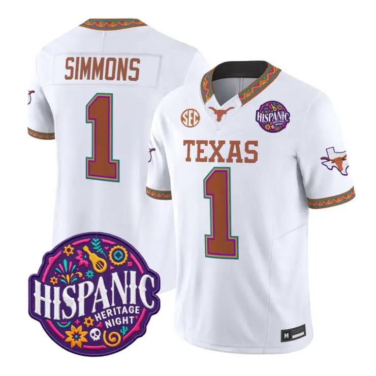 Colin_Simmons_Jersey_1_Texas_Longhorns_2026_Latino_Heritage_Stitched_White - Top Wow Design Colin Simmons Jersey #1 Texas Longhorns 2026 Latino Heritage Stitched by My Store NCAA Football Jerseys